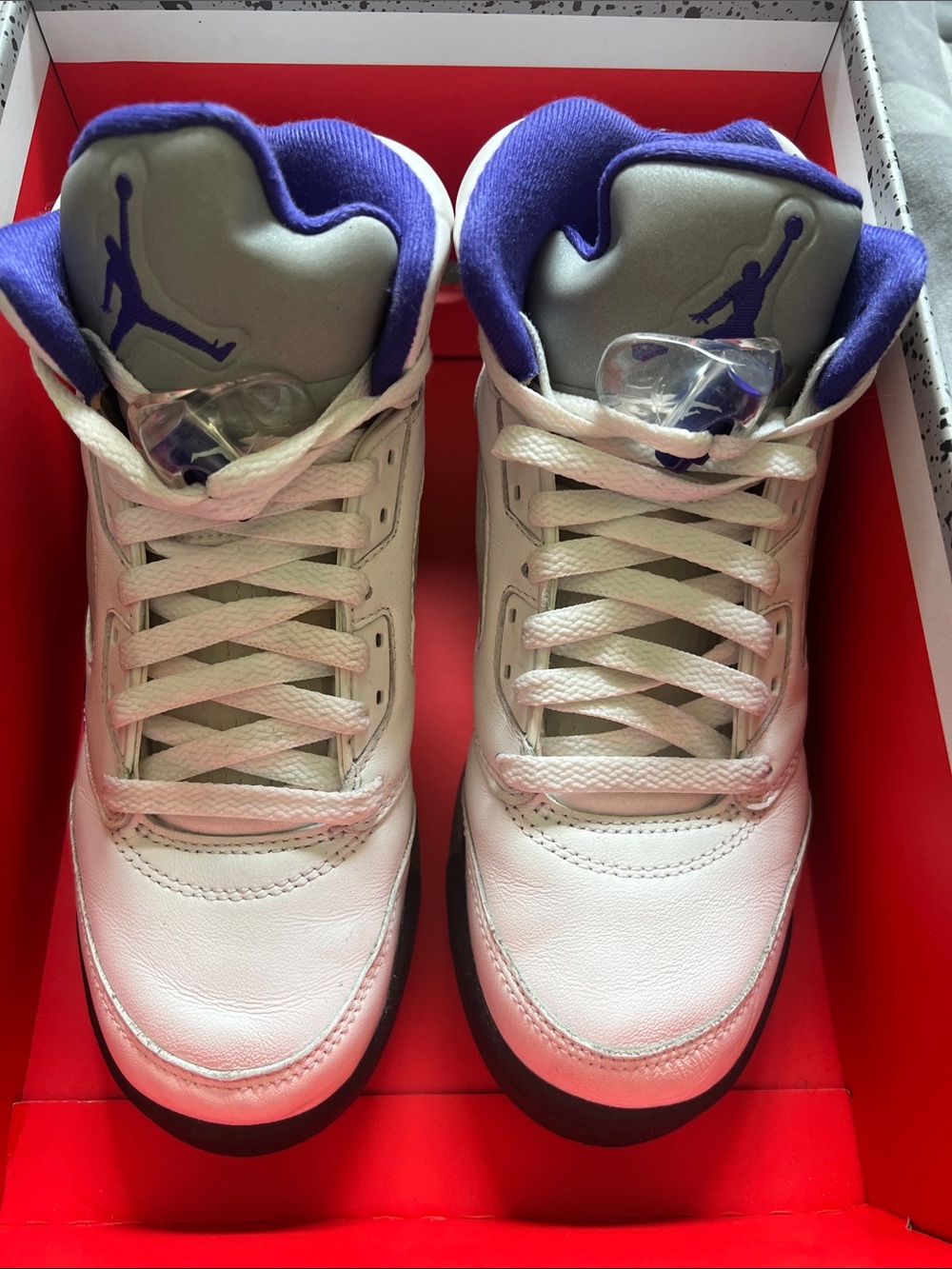 Jordan Kids White and Purple High-Top Sneakers with Black Soles